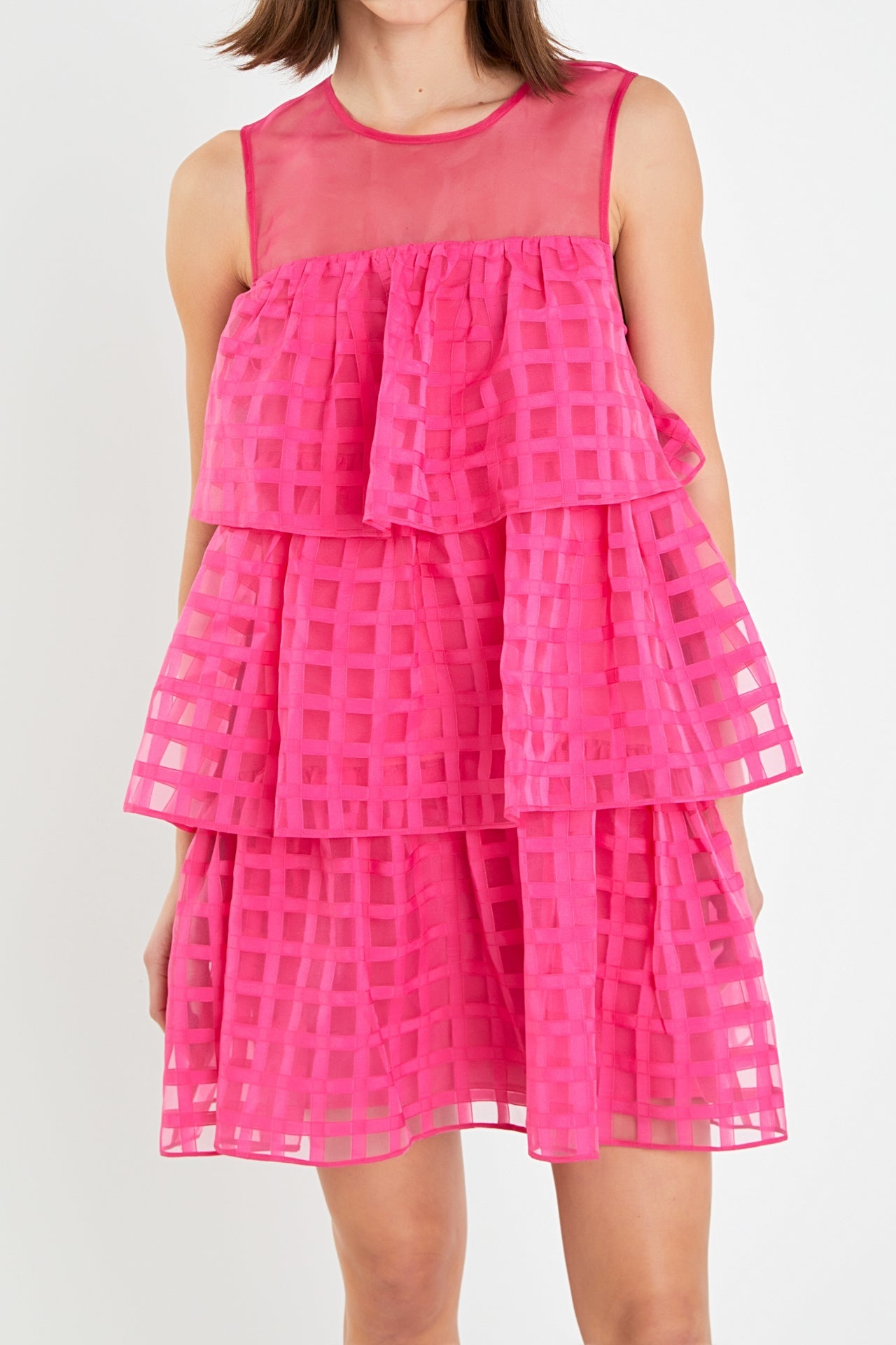 ENGLISH FACTORY - English Factory - Organza Gridded Tiered Sleeveless Mini Dress - DRESSES available at Objectrare