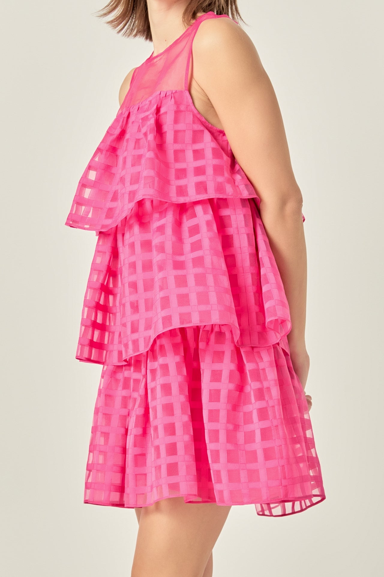 Organza Gridded Tiered Sleeveless Mini Dress