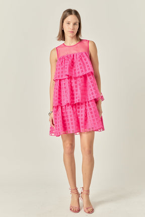 Organza Gridded Tiered Sleeveless Mini Dress