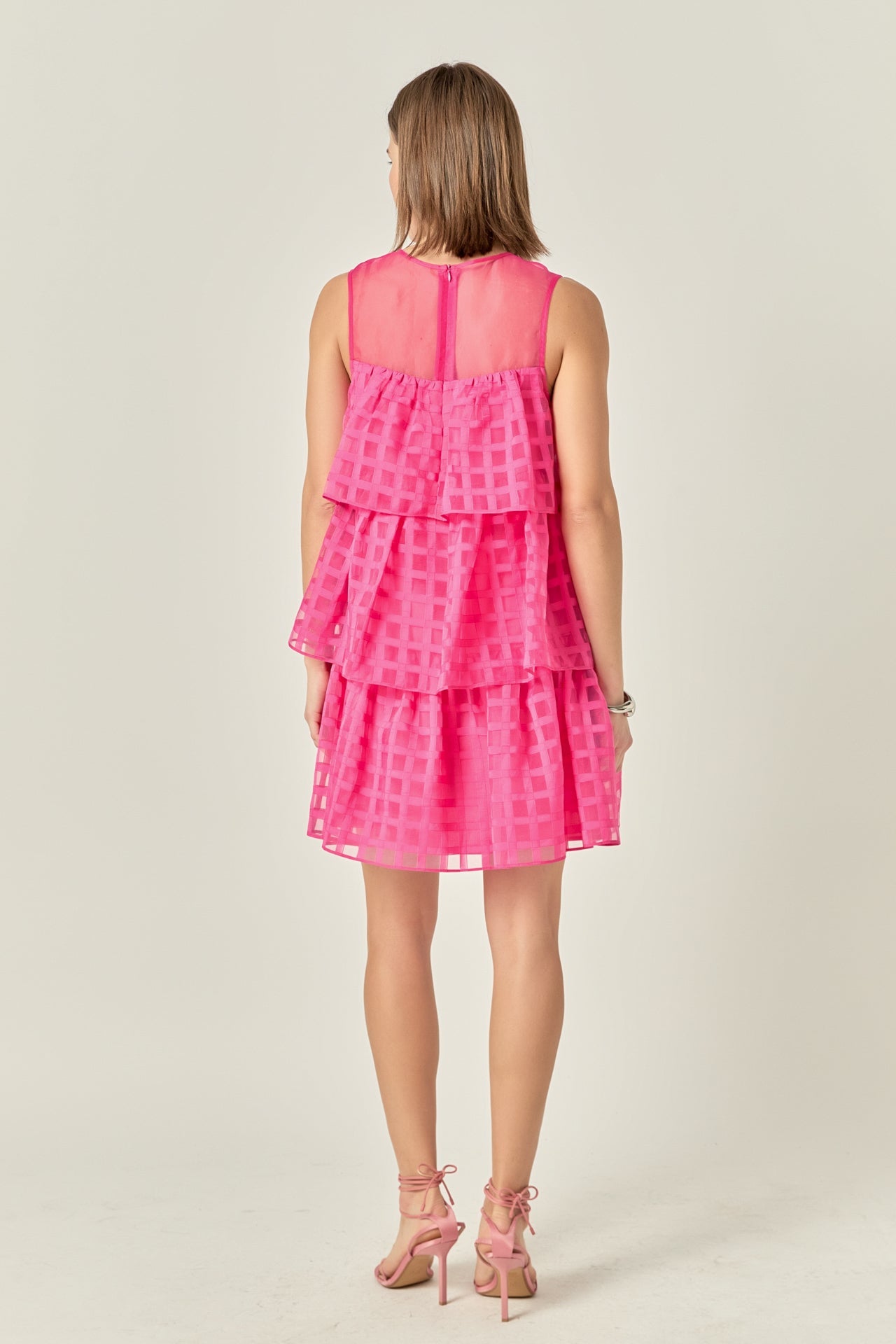 Organza Gridded Tiered Sleeveless Mini Dress