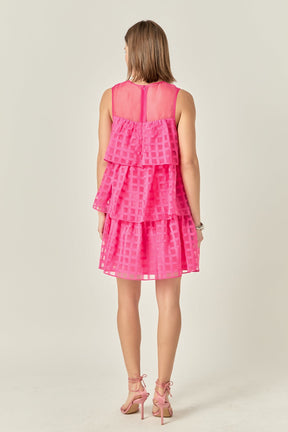 Organza Gridded Tiered Sleeveless Mini Dress