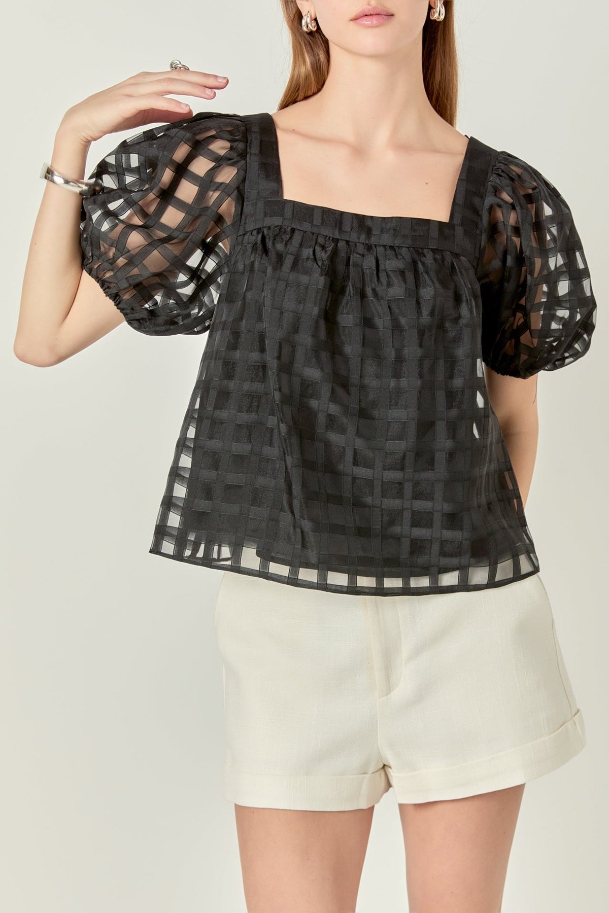 Organza Gridded Square Neck Crop Top