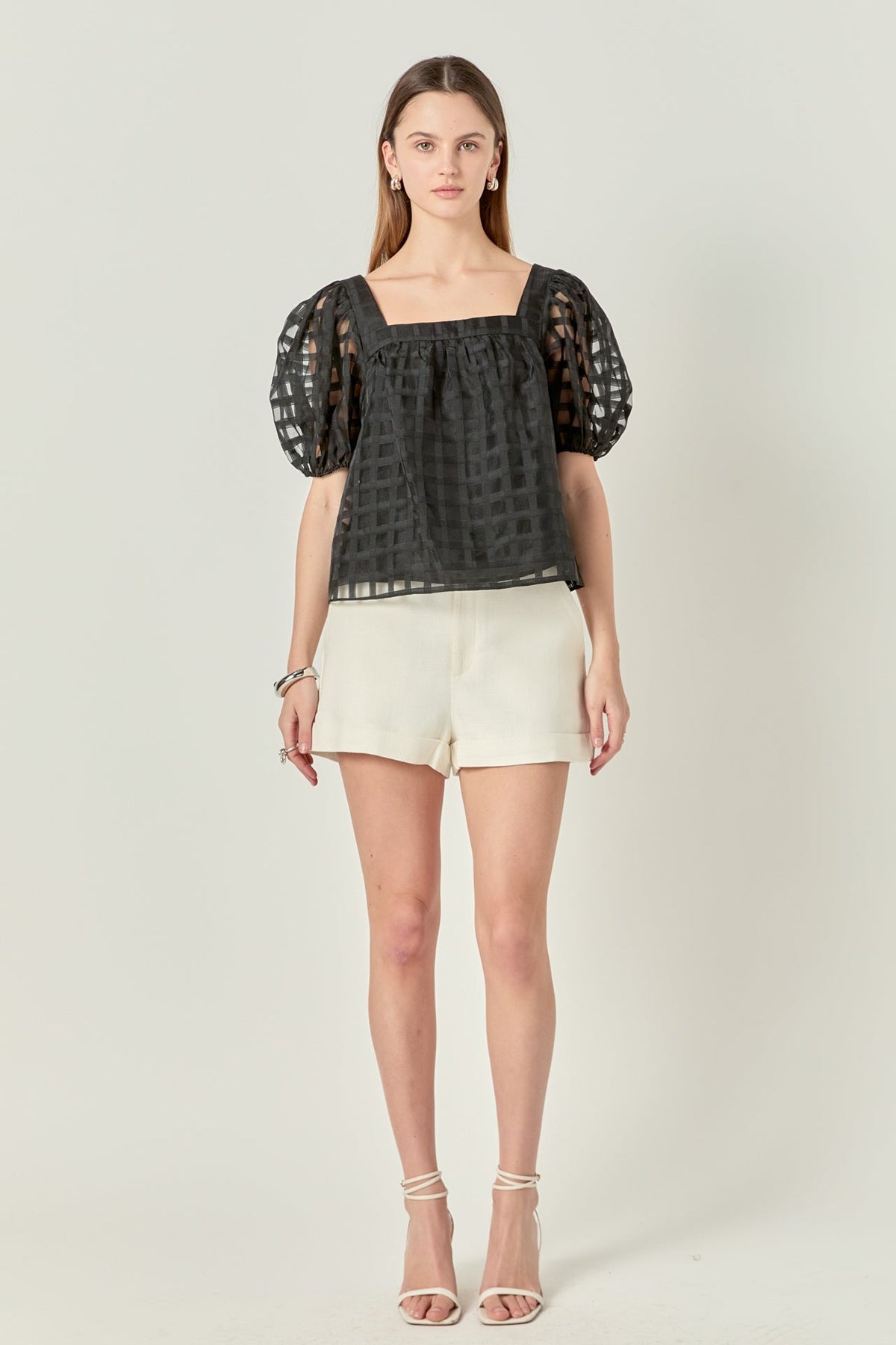 Organza Gridded Square Neck Crop Top