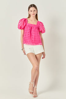Organza Gridded Square Neck Crop Top