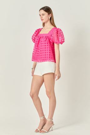 Organza Gridded Square Neck Crop Top