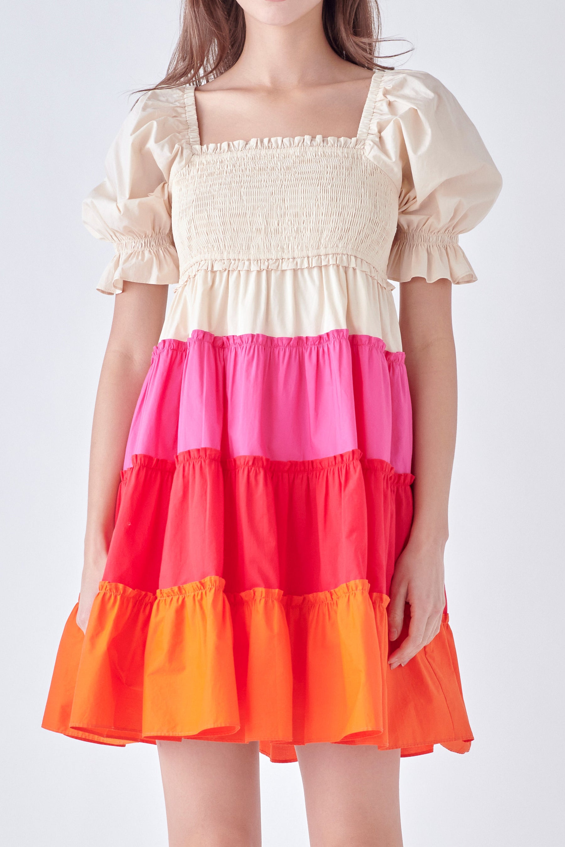 Colorblock Smocked Puff Sleeve Mini Dress