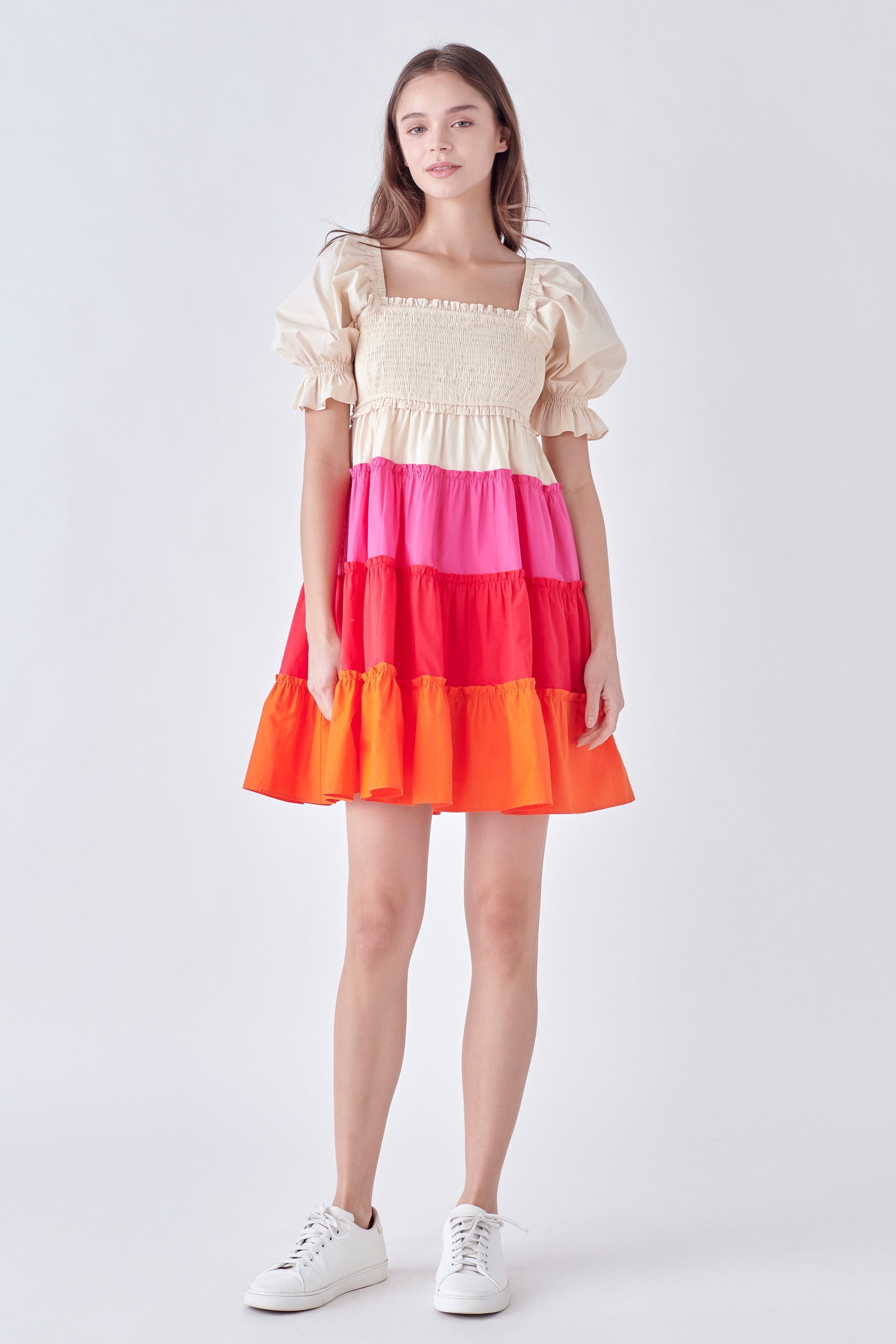 Colorblock Smocked Puff Sleeve Mini Dress