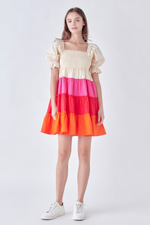 ENGLISH FACTORY - Colorblock Smocked Puff Sleeve mini - DRESSES available at Objectrare