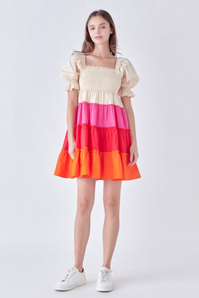 ENGLISH FACTORY - Colorblock Smocked Puff Sleeve Mini Dress - DRESSES available at Objectrare