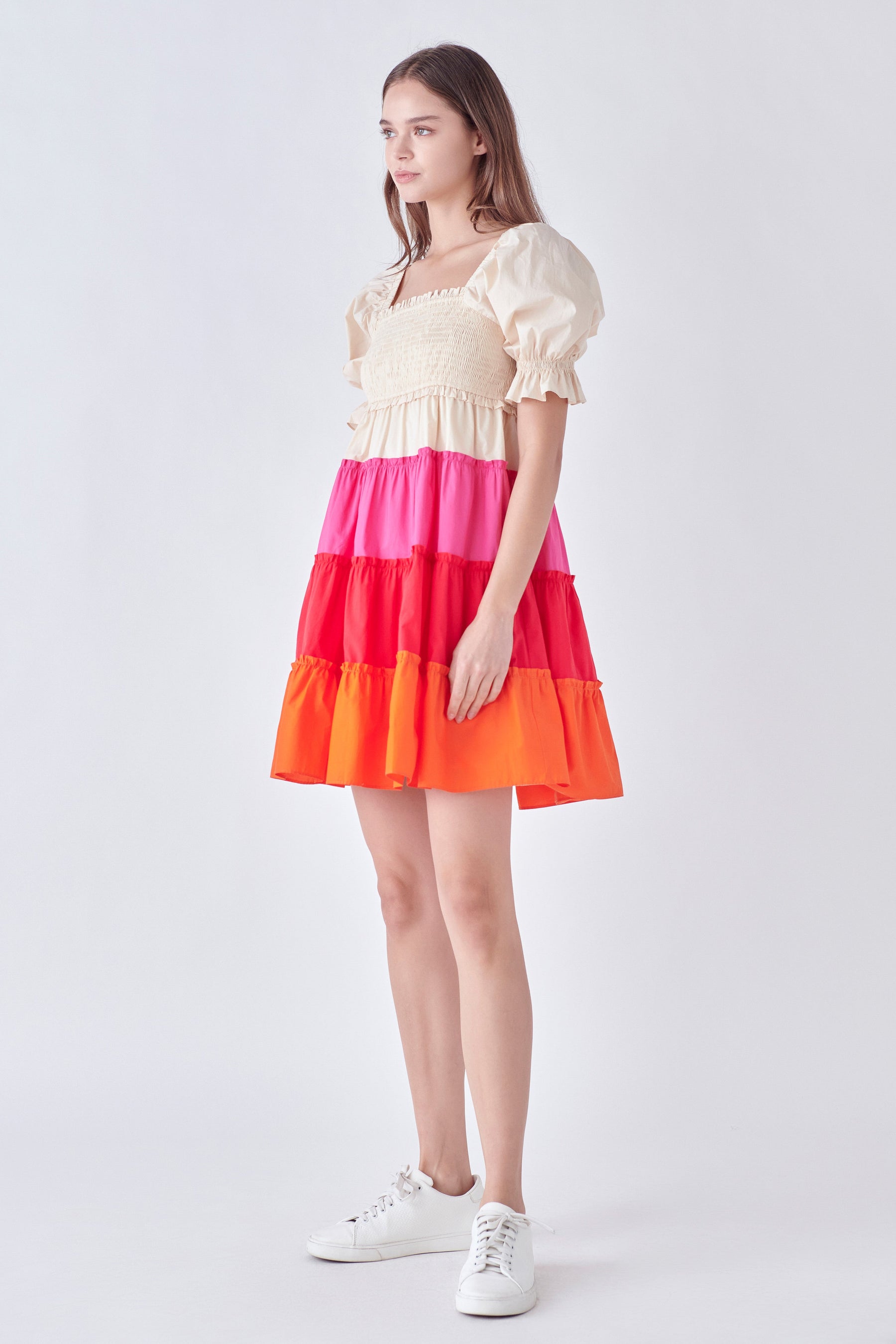 Colorblock Smocked Puff Sleeve Mini Dress