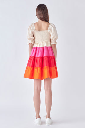 ENGLISH FACTORY - Colorblock Smocked Puff Sleeve Mini Dress - DRESSES available at Objectrare