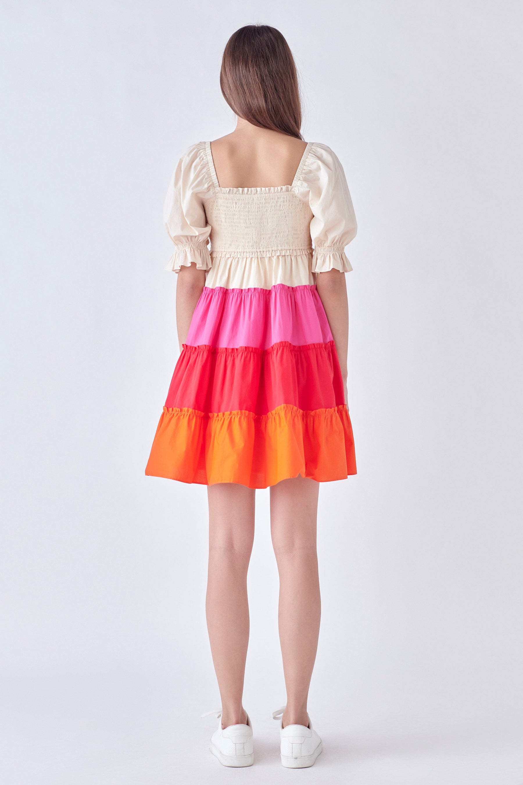 Colorblock Smocked Puff Sleeve Mini Dress