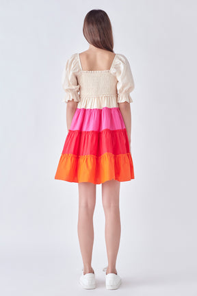 ENGLISH FACTORY - English Factory - Colorblock Smocked Puff Sleeve Mini Dress - DRESSES available at Objectrare