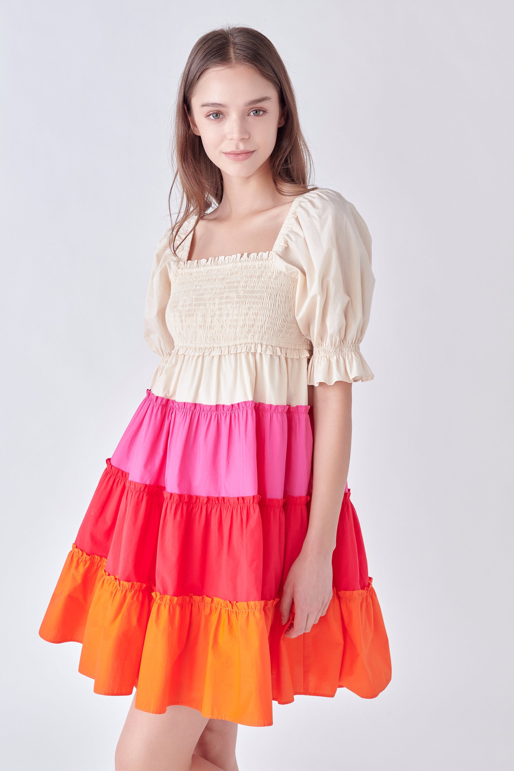Colorblock Smocked Puff Sleeve Mini Dress