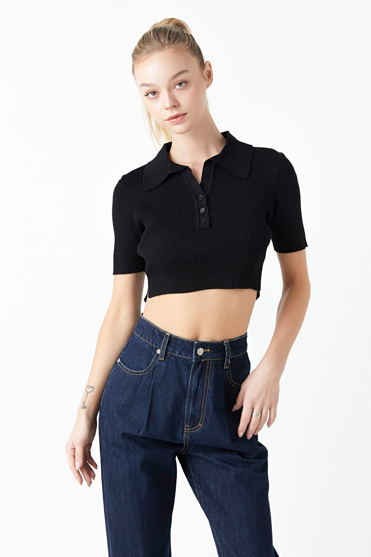 GREY LAB - Ribbed Polo Knit Top with Side slit - TOPS available at Objectrare