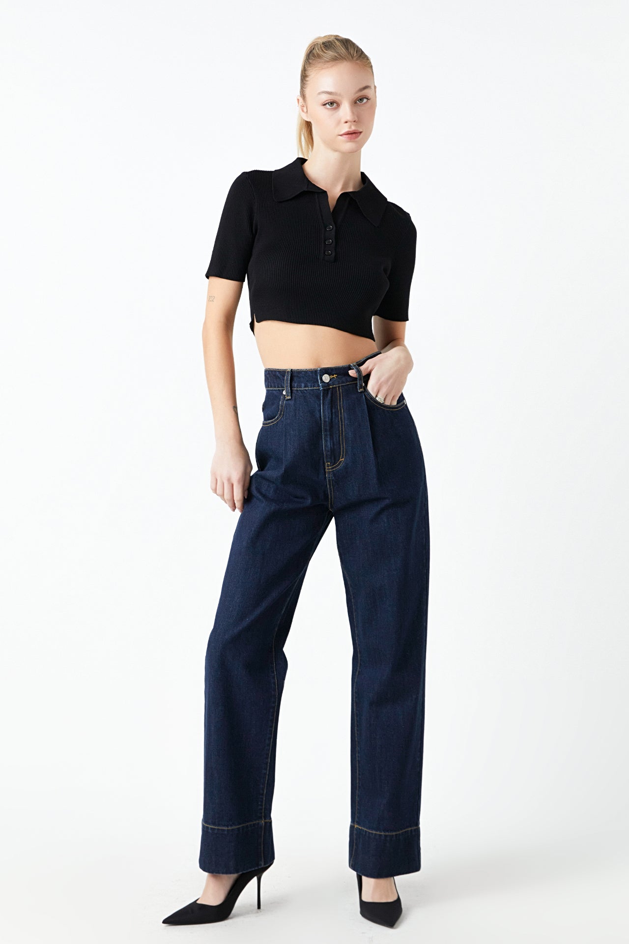 GREY LAB - Ribbed Polo Knit Top with Side slit - TOPS available at Objectrare