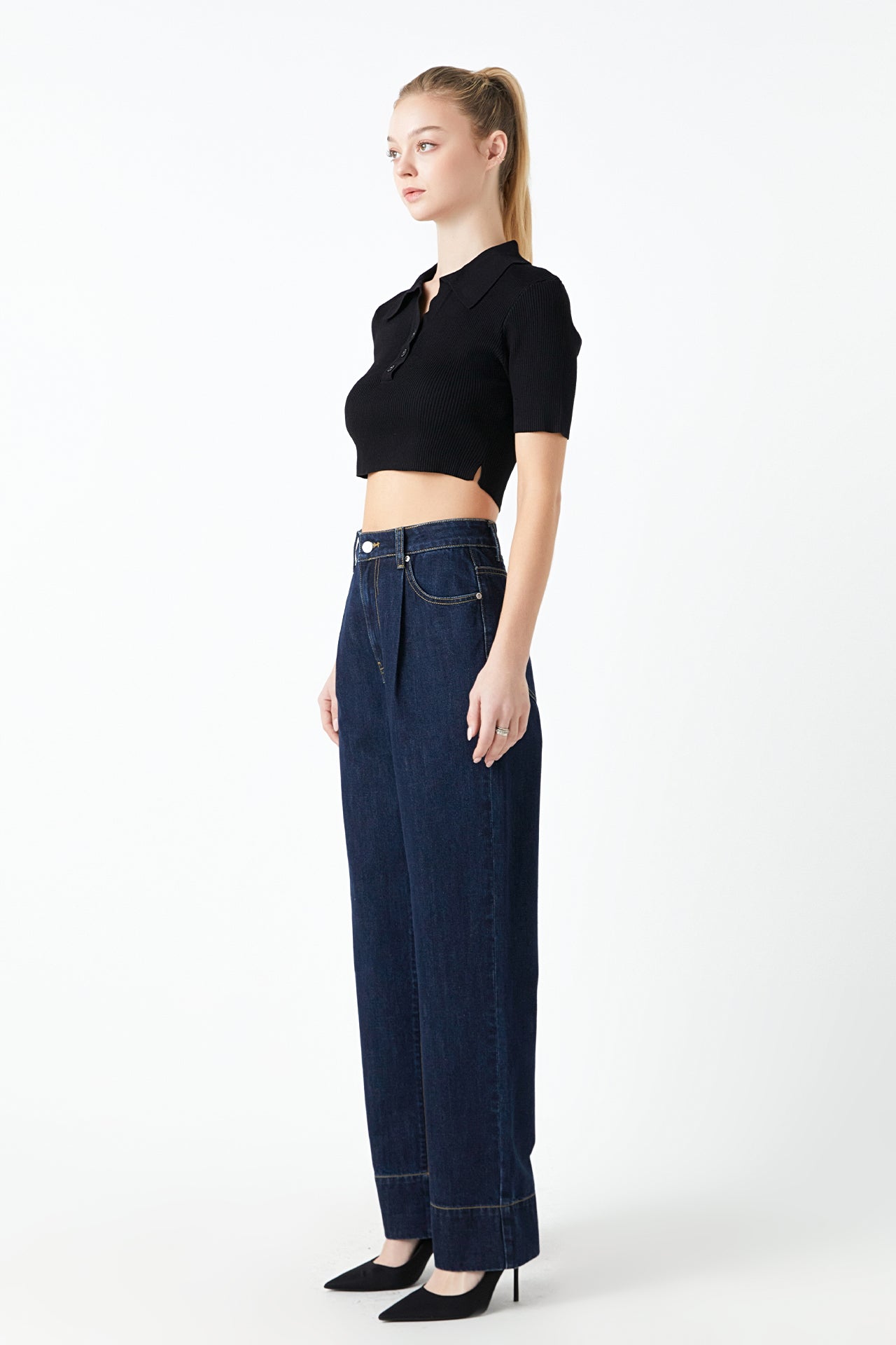 GREY LAB - Ribbed Polo Knit Top with Side slit - TOPS available at Objectrare