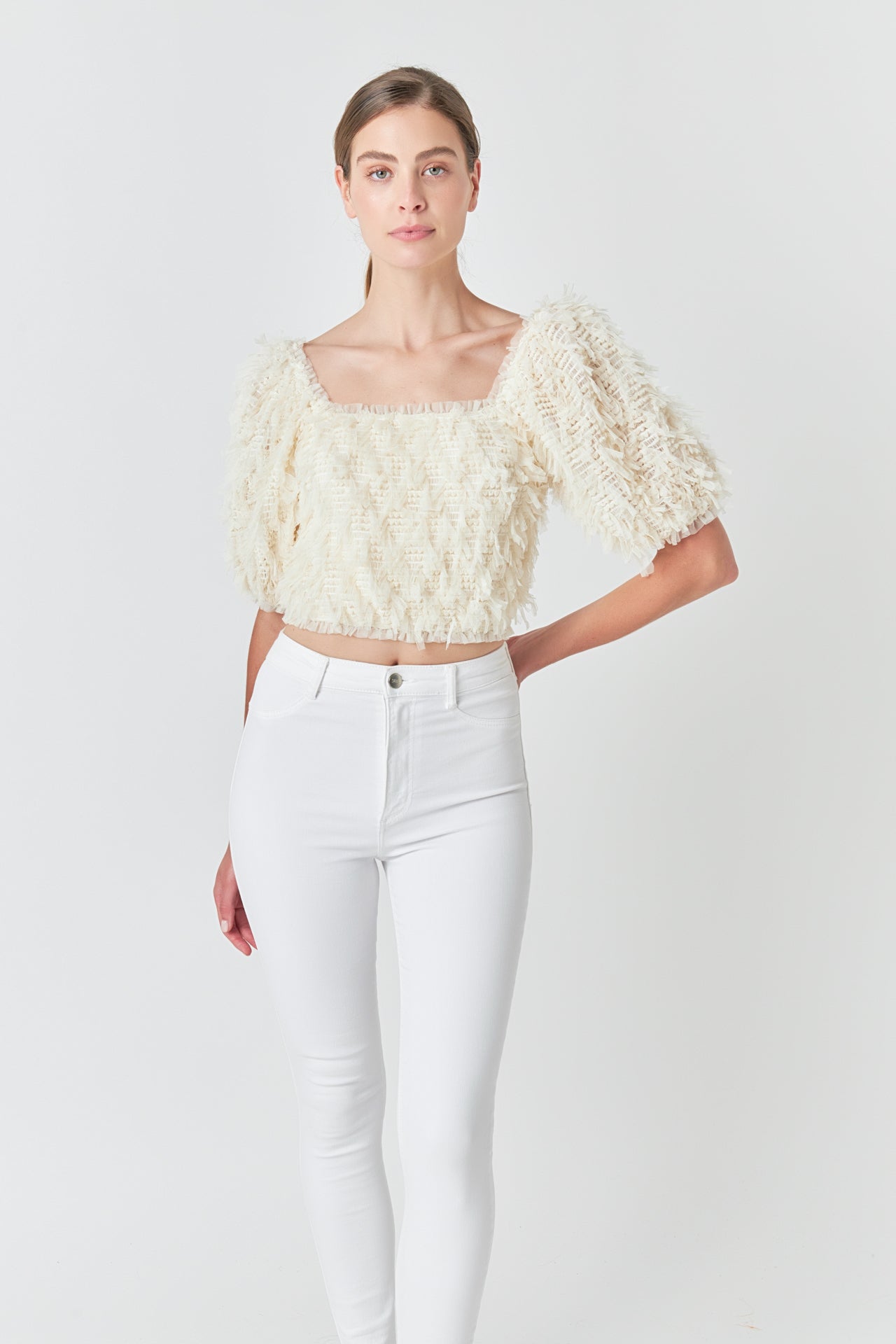 ENDLESS ROSE - Mesh Trimmed Puff Sleeve Top - TOPS available at Objectrare
