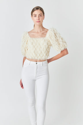 ENDLESS ROSE - Mesh Trimmed Puff Sleeve Top - TOPS available at Objectrare