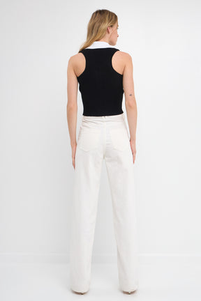 ENDLESS ROSE - Endless Rose - Rib Knit Contrast Collar Sleeveless Top - TOPS available at Objectrare