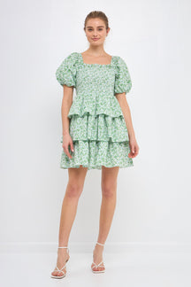 FREE THE ROSES - Crinkled Floral Linen Smocked Tiered Mini - DRESSES available at Objectrare