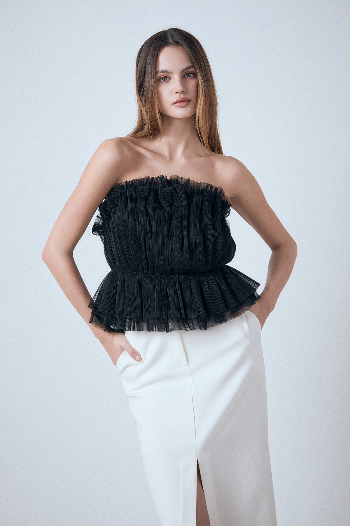 ENDLESS ROSE - Strapless Tulle Peplum Top - TOPS available at Objectrare