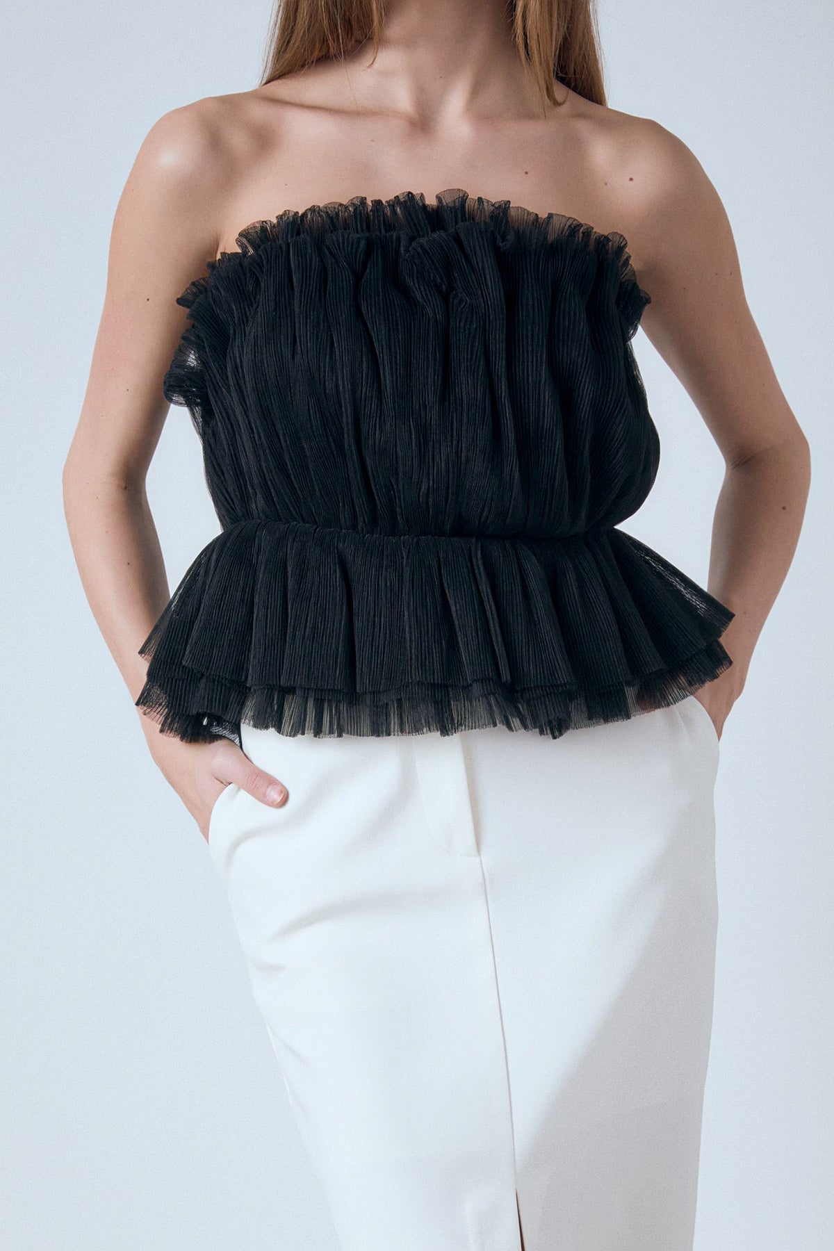 ENDLESS ROSE - Strapless Tulle Peplum Top - TOPS available at Objectrare