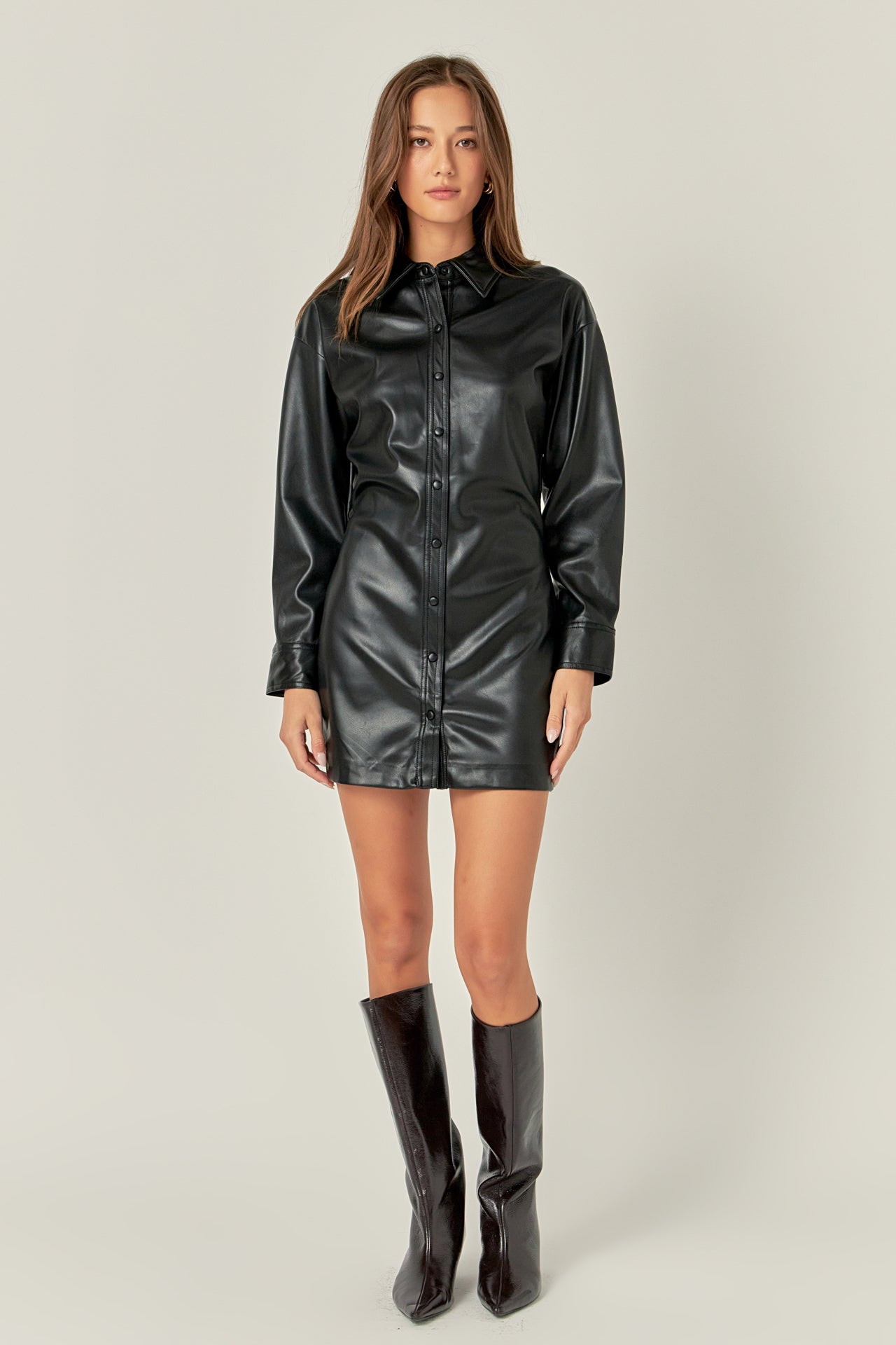ENGLISH FACTORY - Faux Leather Cinched Mini Dress - DRESSES available at Objectrare