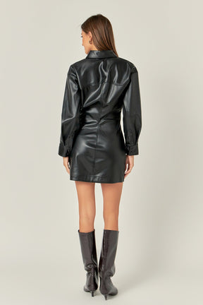 ENGLISH FACTORY - Faux Leather Cinched Mini Dress - DRESSES available at Objectrare