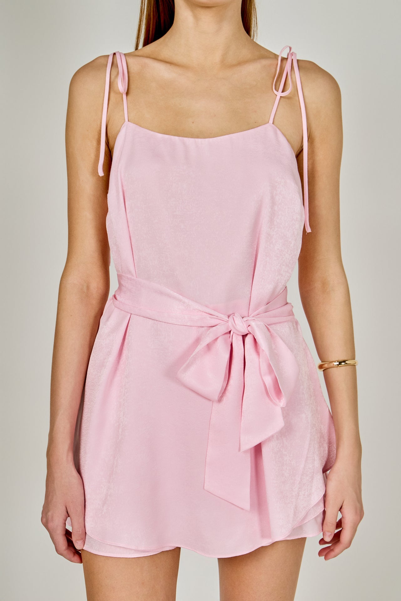 ENDLESS ROSE - Spaghetti Tie Belted Romper Dress - ROMPERS available at Objectrare
