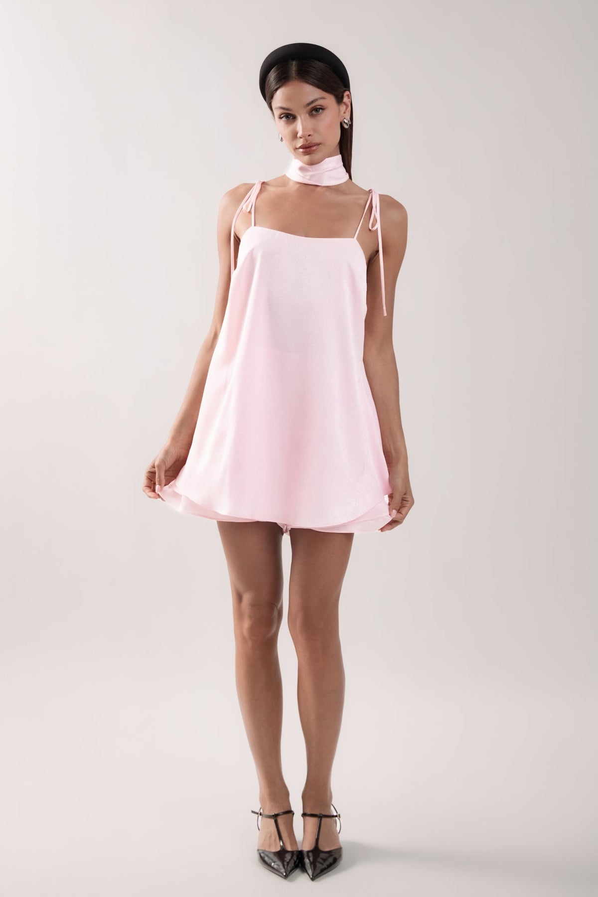 Spaghetti Tie Belted Romper Dress