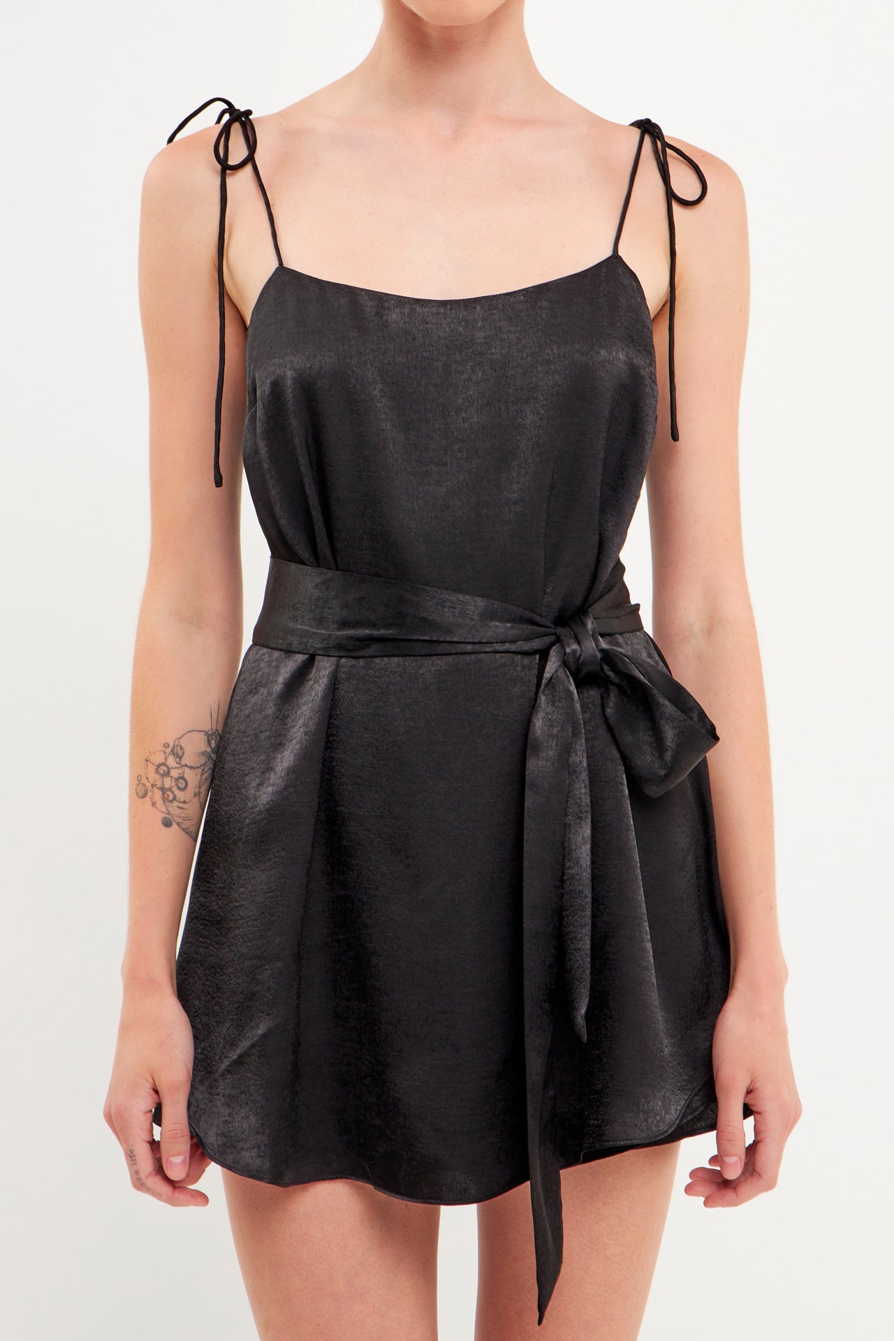 Spaghetti Tie Belted Romper Dress