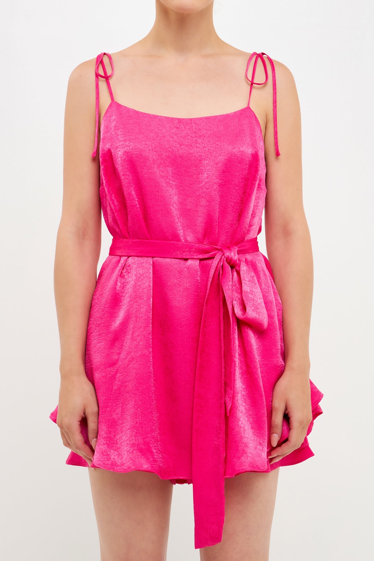 Spaghetti Tie Belted Romper Dress