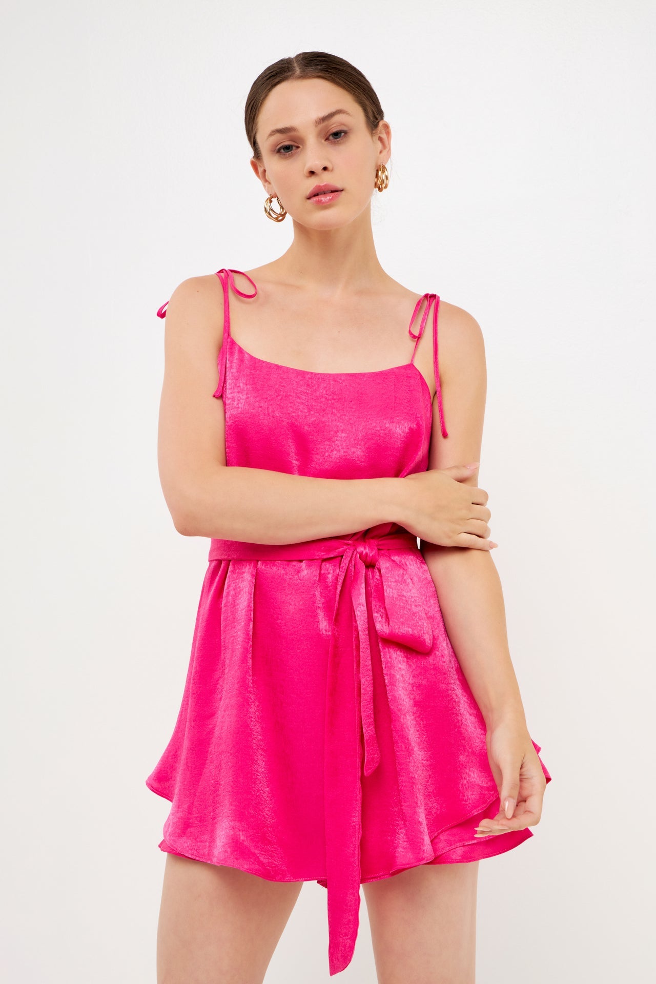 ENDLESS ROSE - Spaghetti Tie Belted Romper Dress - ROMPERS available at Objectrare