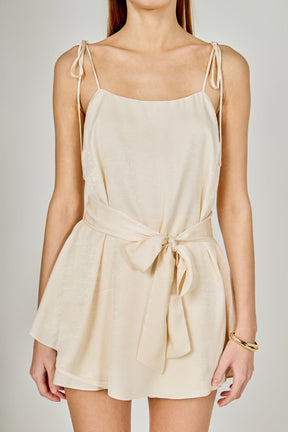 ENDLESS ROSE - Spaghetti Tie Belted Romper Dress - ROMPERS available at Objectrare