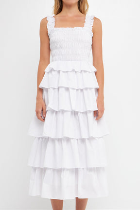 ENGLISH FACTORY - Smocked Bust Multi Ruffled Maxi Dress Gown - DRESSES available at Objectrare