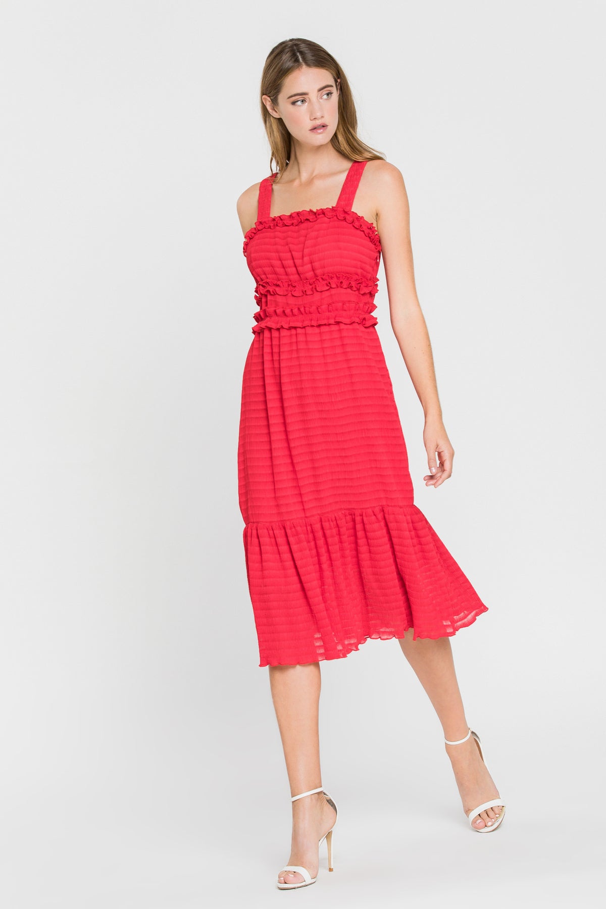 Ruched Midi Dress With Ruffle Detail