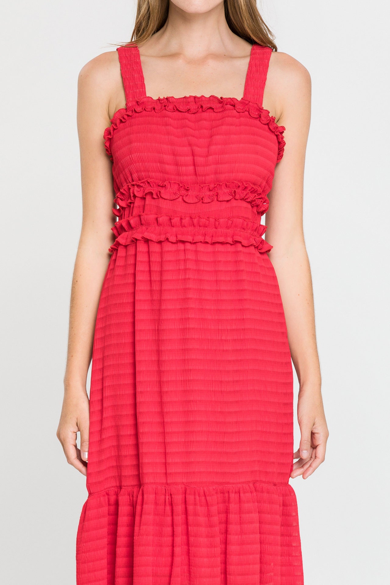 Ruched Midi Dress With Ruffle Detail