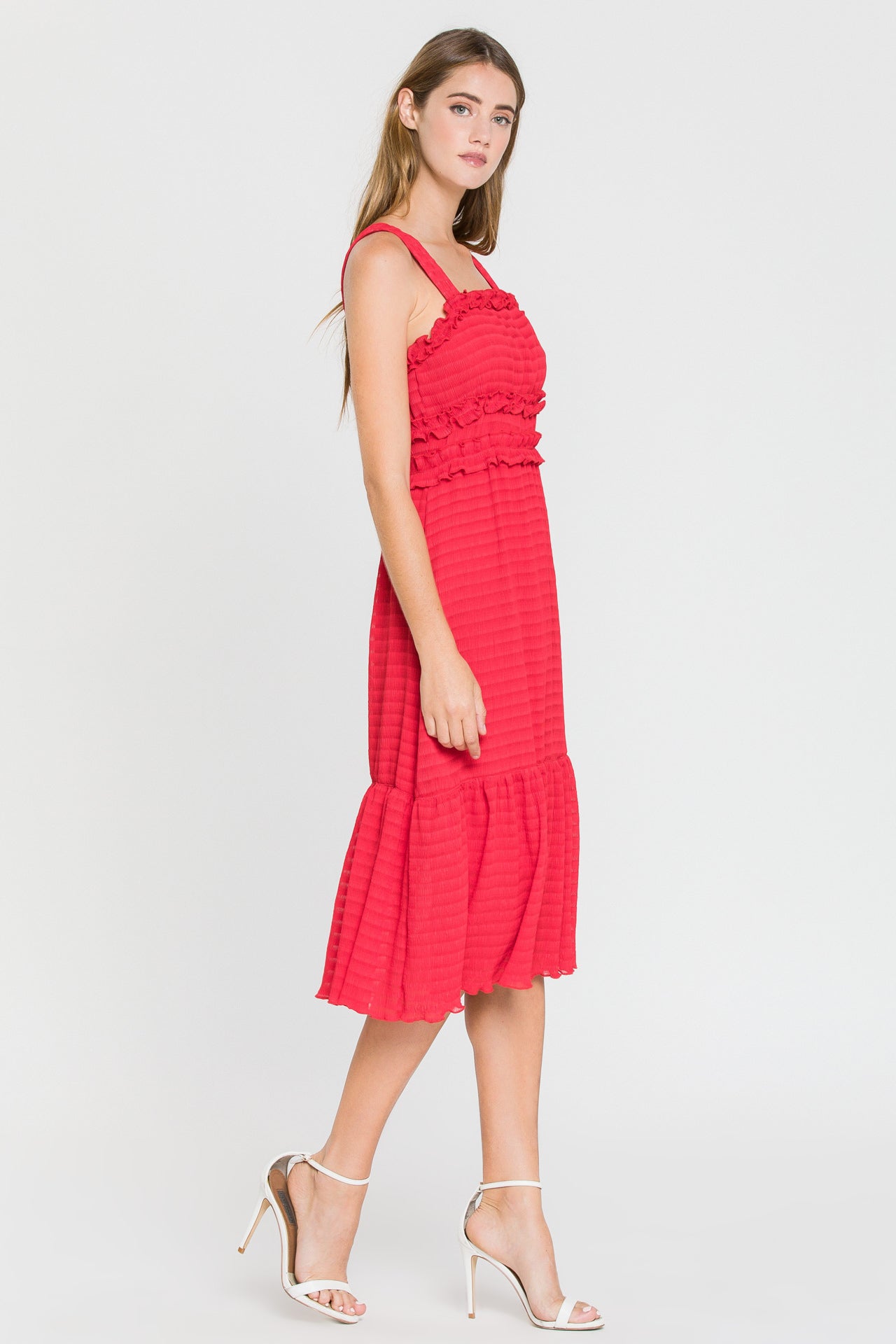 Ruched Midi Dress With Ruffle Detail