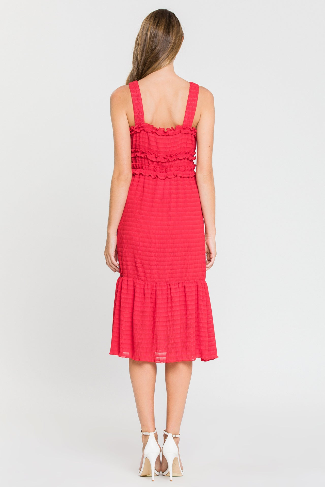 Ruched Midi Dress With Ruffle Detail