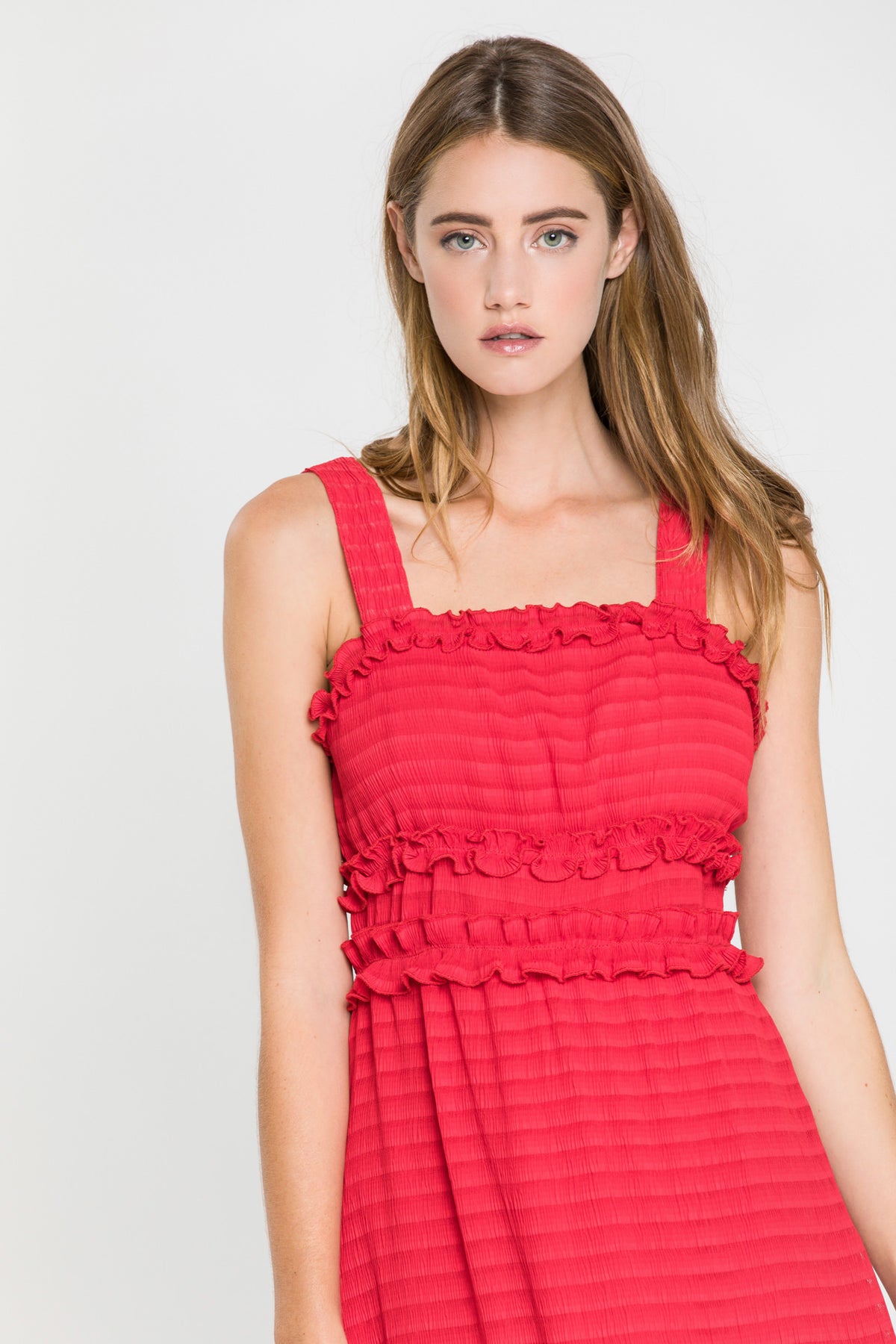 Ruched Midi Dress With Ruffle Detail