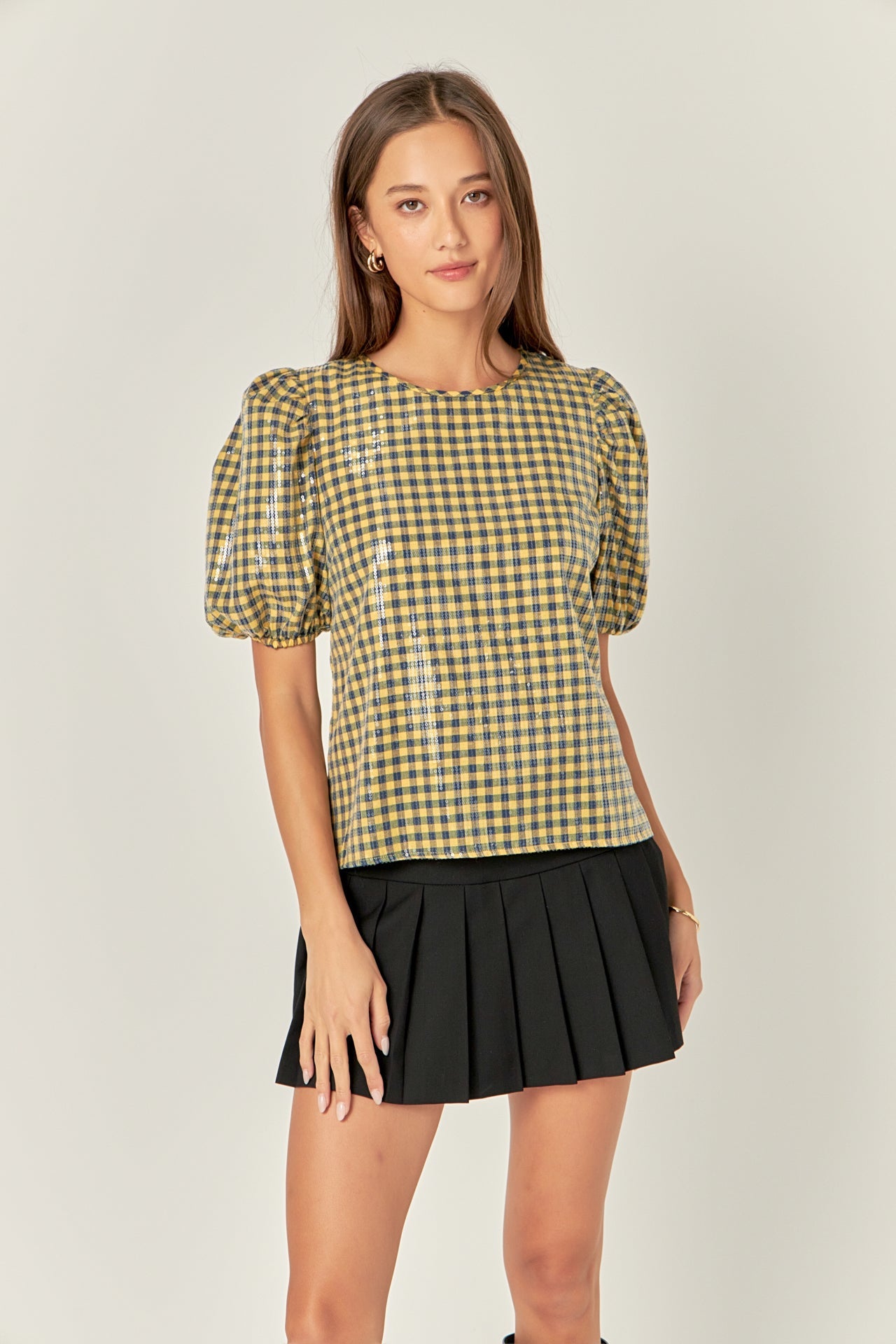 ENGLISH FACTORY - Sequins Puff Sleeve Gingham Top - TOPS available at Objectrare