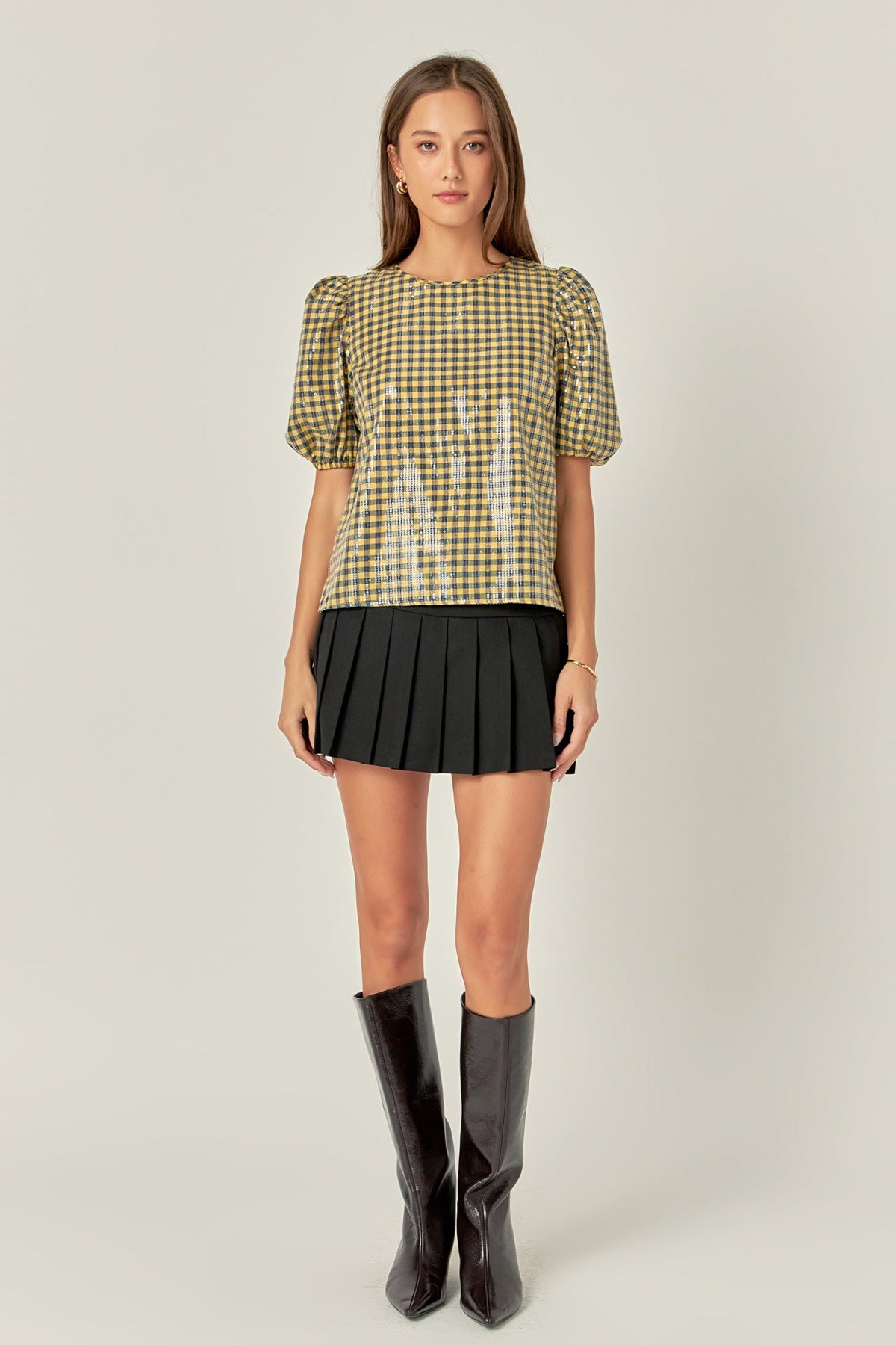 ENGLISH FACTORY - Sequins Puff Sleeve Gingham Top - TOPS available at Objectrare