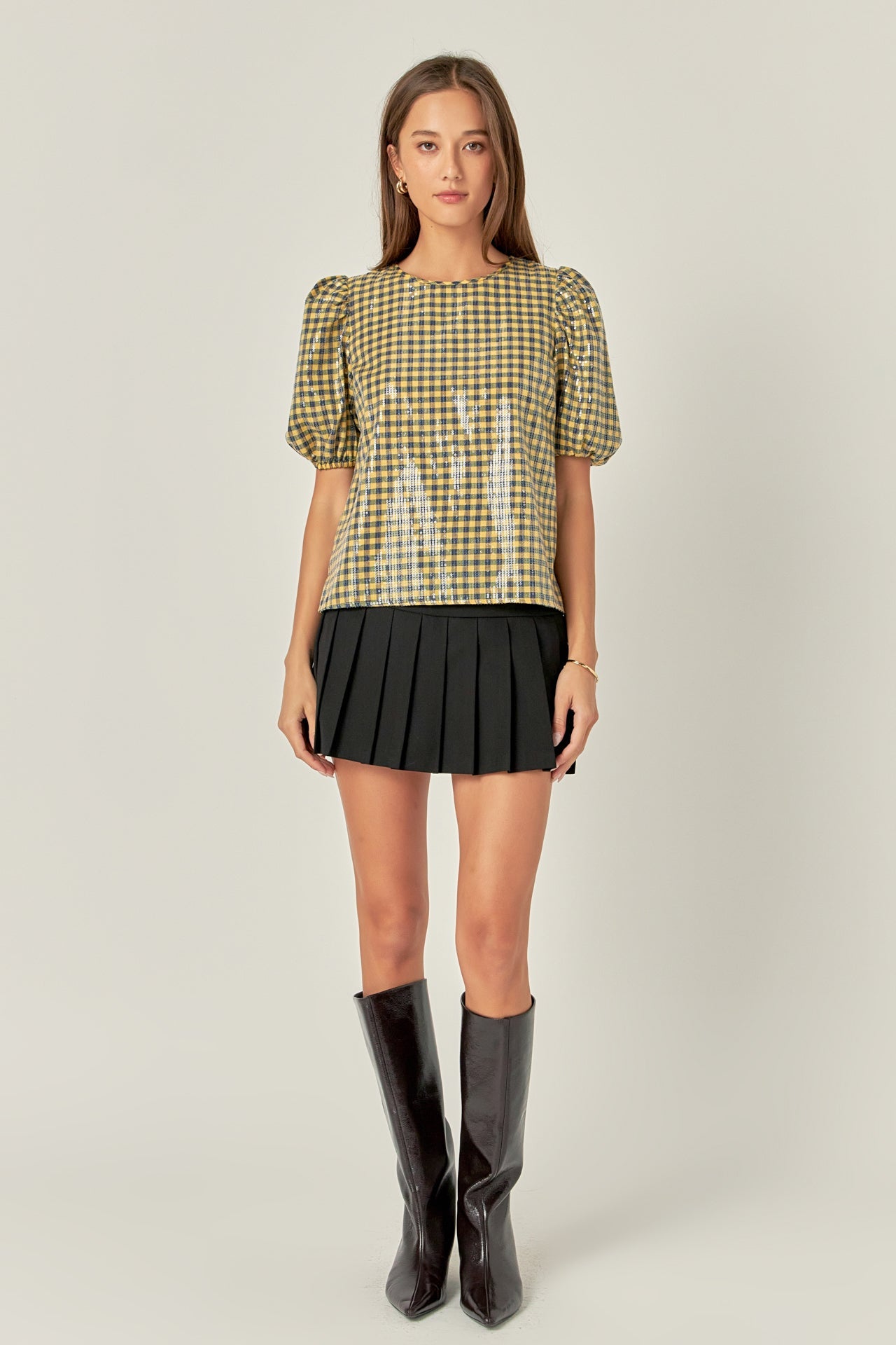 ENGLISH FACTORY - Sequins Puff Sleeve Gingham Top - TOPS available at Objectrare