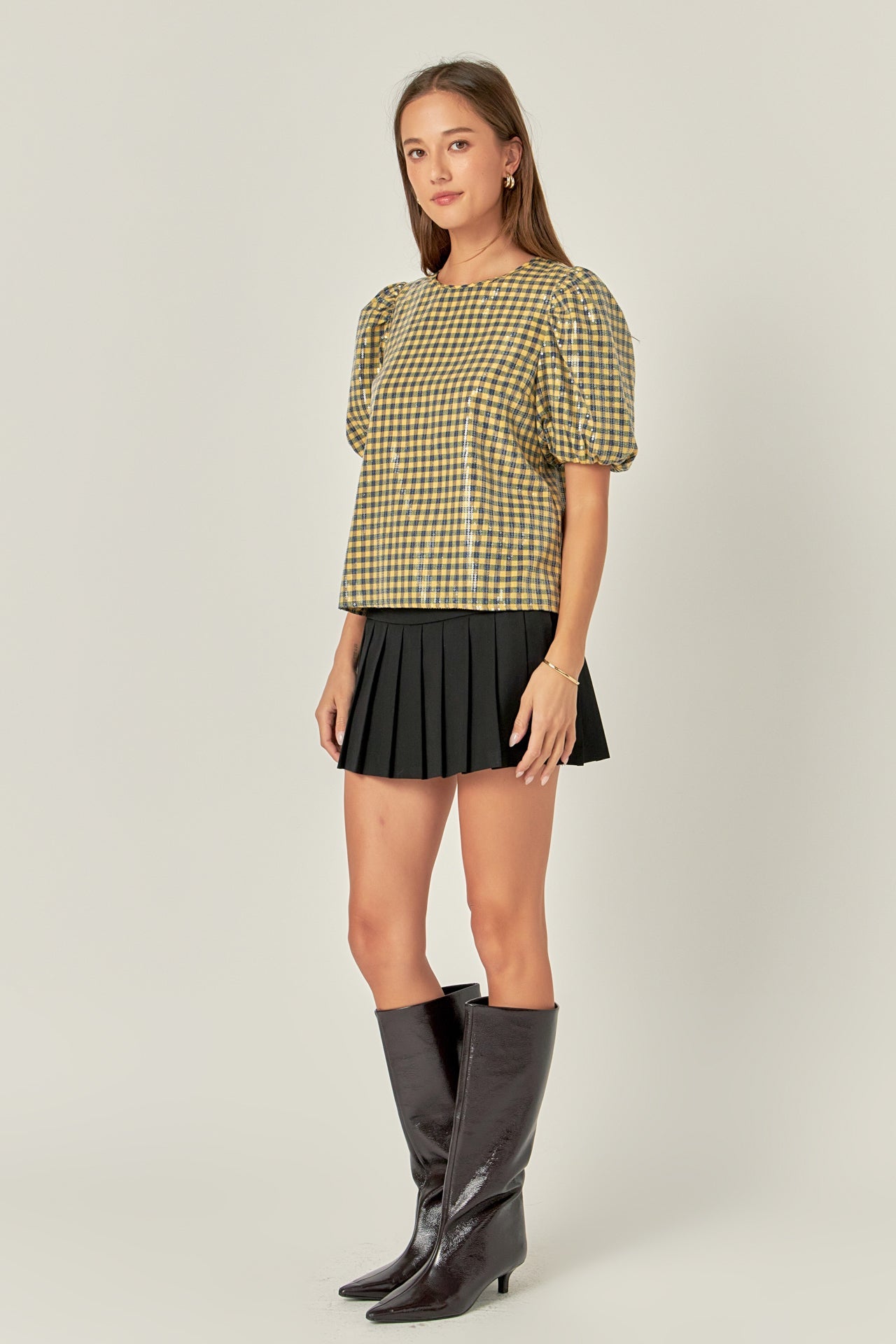 ENGLISH FACTORY - Sequins Puff Sleeve Gingham Top - TOPS available at Objectrare
