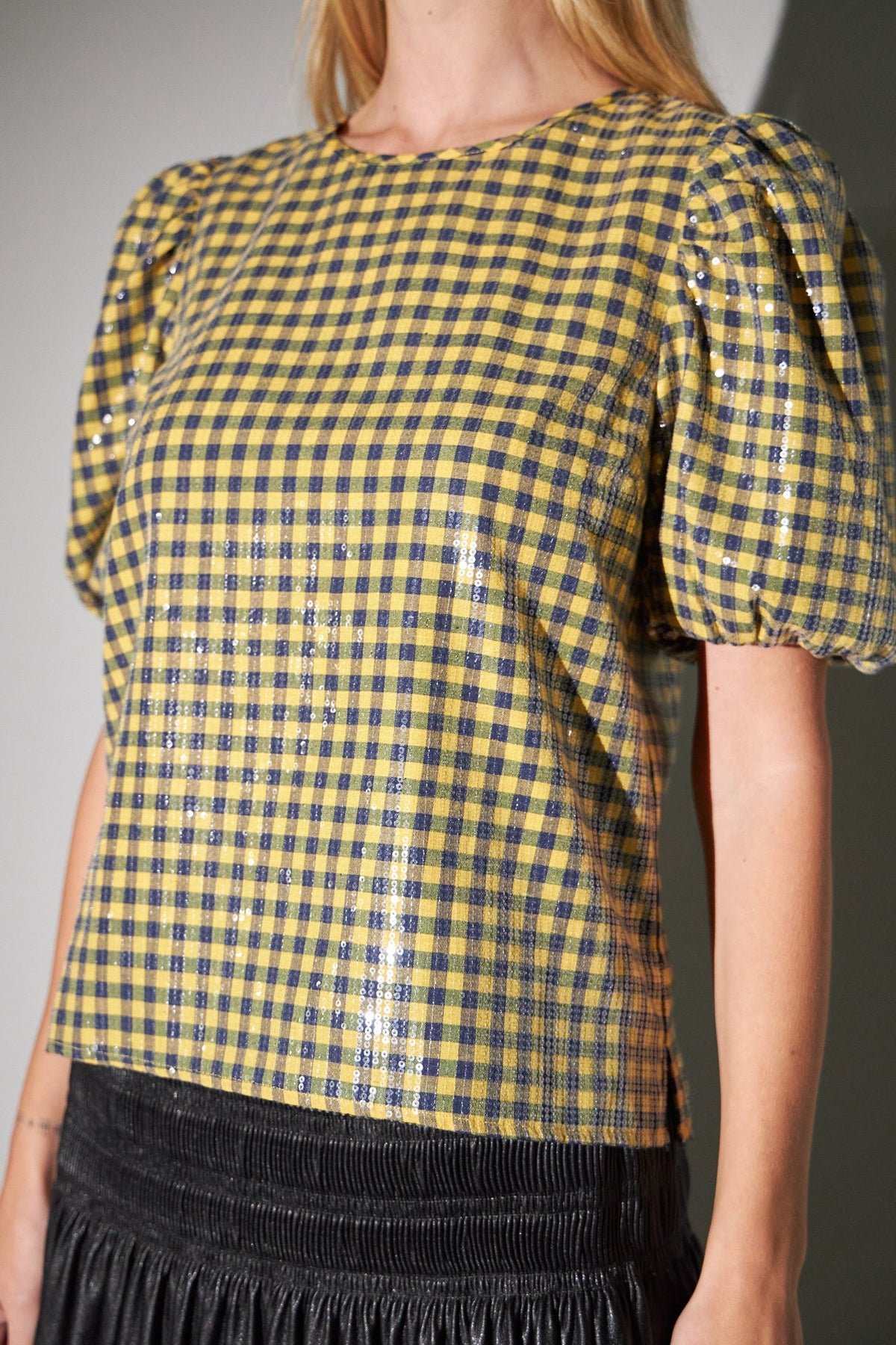 Sequins Puff Sleeve Gingham Top