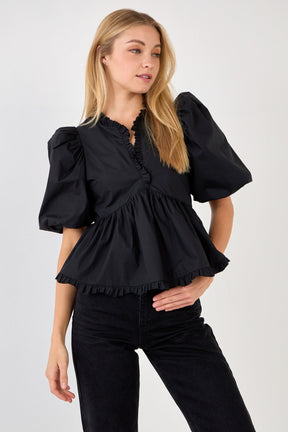 Endless Rose - V Neck Puff Sleeve Peplum Top