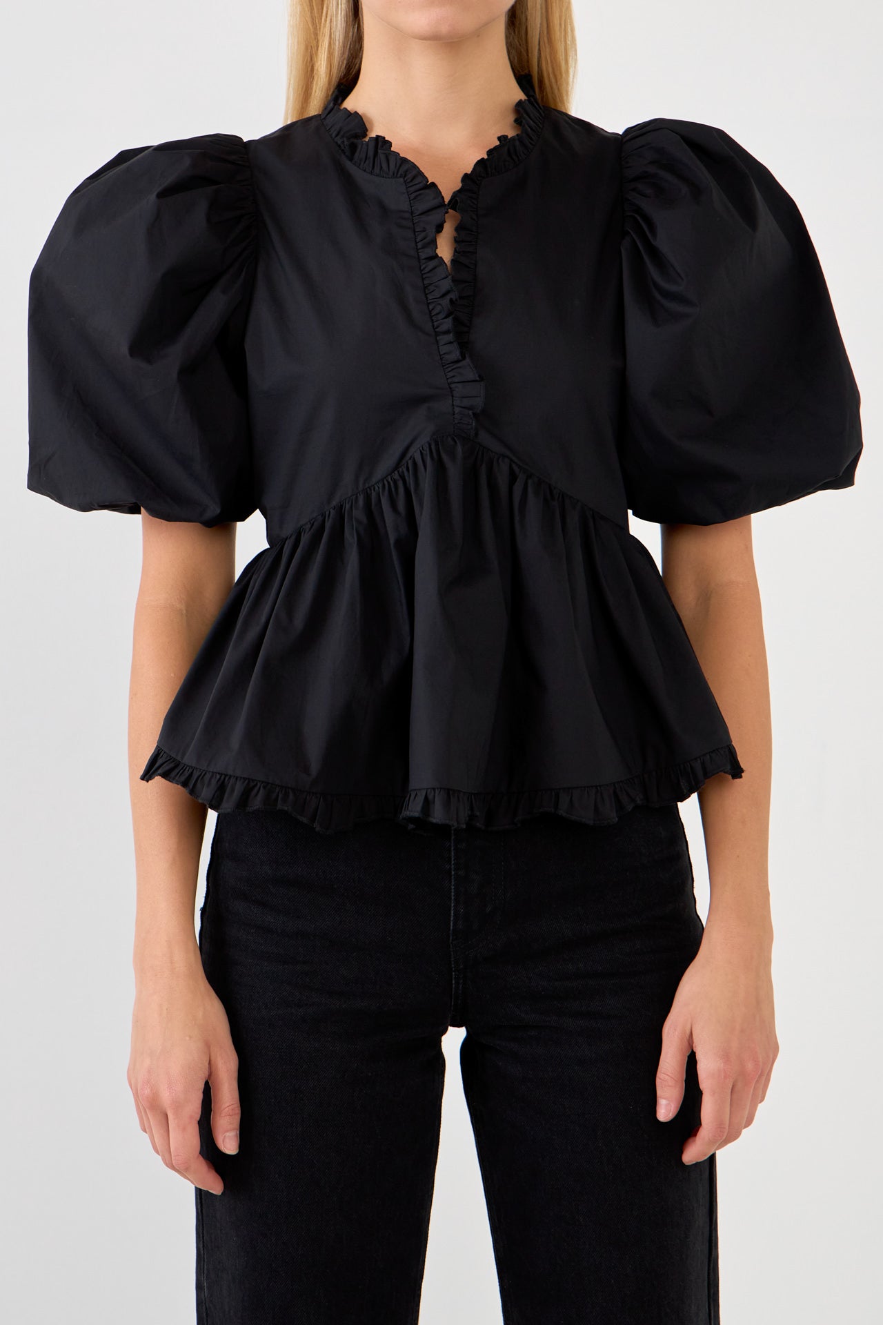 Endless Rose - V Neck Puff Sleeve Peplum Top