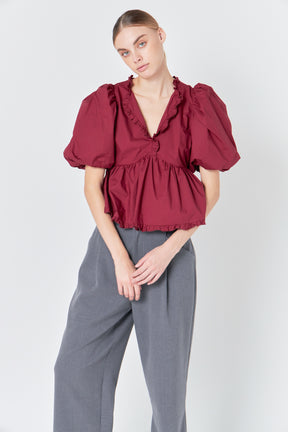 ENDLESS ROSE - Puff Sleeve Peplum Top - TOPS available at Objectrare