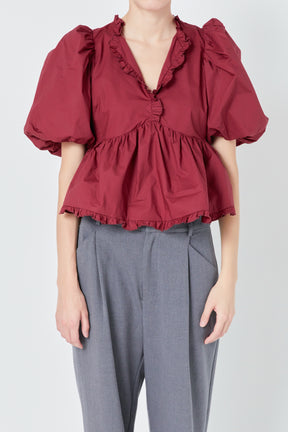 ENDLESS ROSE - Puff Sleeve Peplum Top - TOPS available at Objectrare